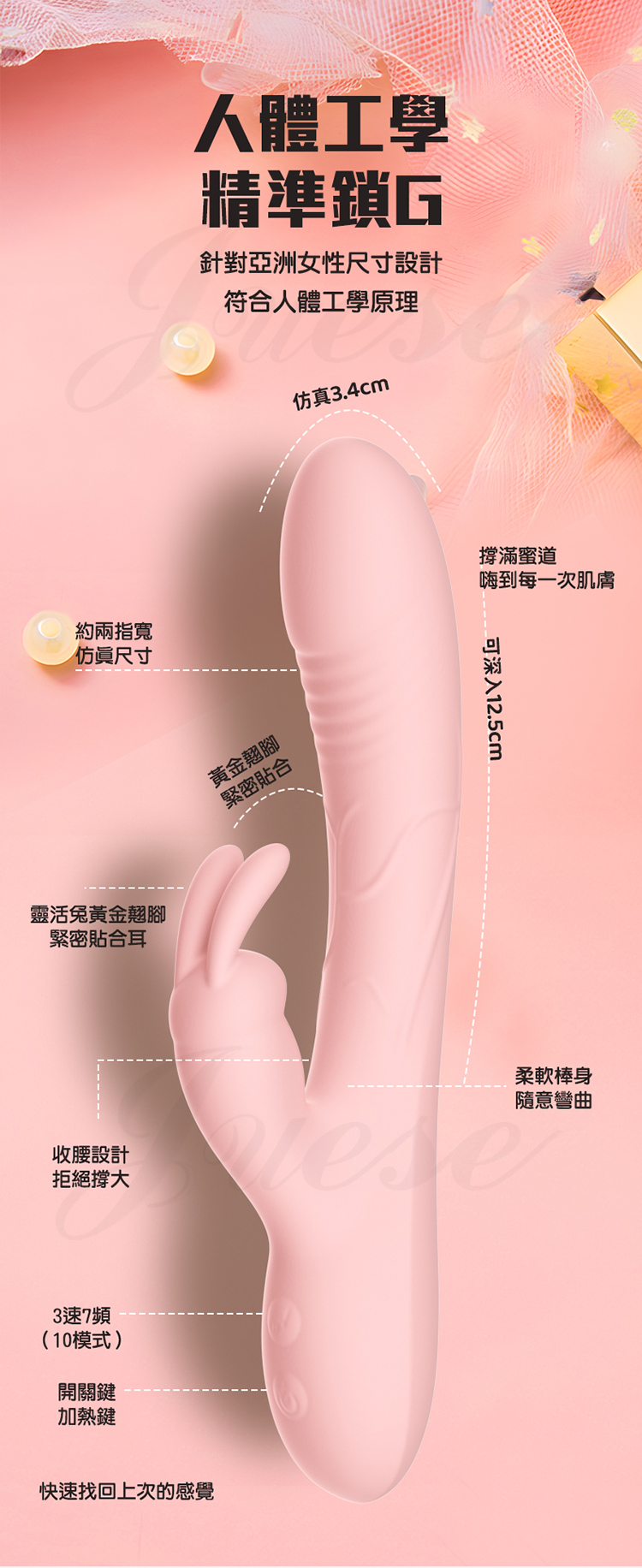 霹靂兔 10段變頻雙點兔耳USB充電式加溫震動按摩棒