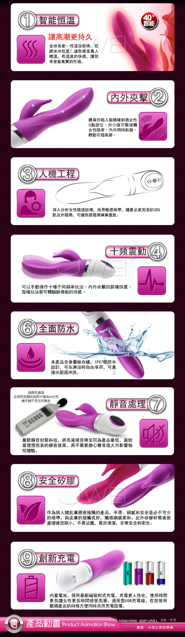 香港簡愛EasyLove．大海之戀-智能溫控磁吸充電式按摩棒(紫)