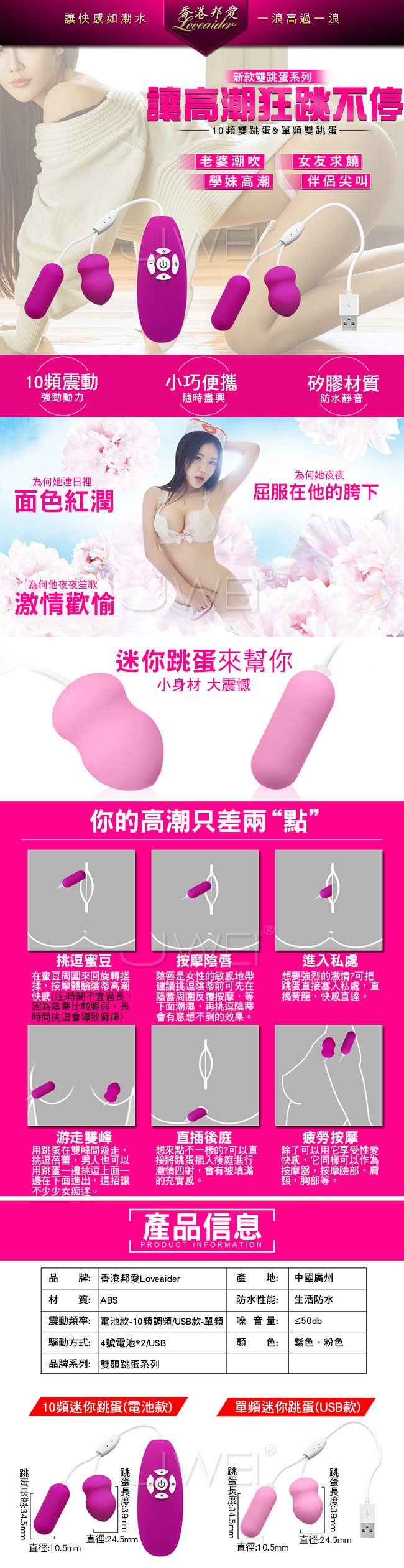 香港邦愛Loveaider．單頻USB直充防水雙跳蛋-粉色(子彈型+葫蘆型)