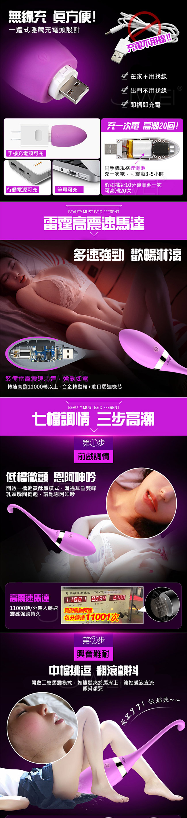 Leten‧隱形系列USB充電3X7頻遙控跳蛋-天鵝(紫)