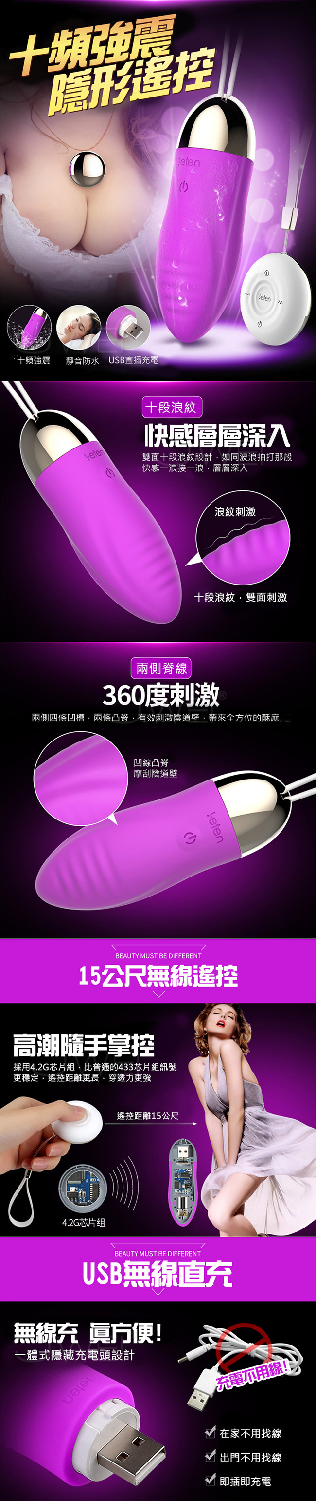 Leten‧隱形系列USB充電3X7頻遙控跳蛋-浪湧(紫)