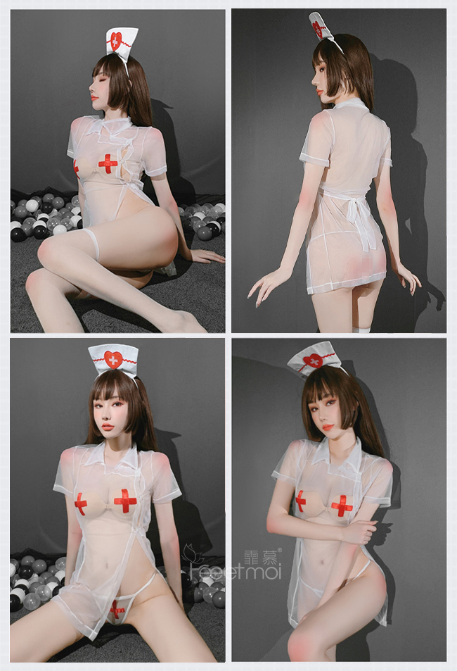 《FEE ET MOI》護士角色扮演服！鈕扣式裸透側開襟柔紗三件組