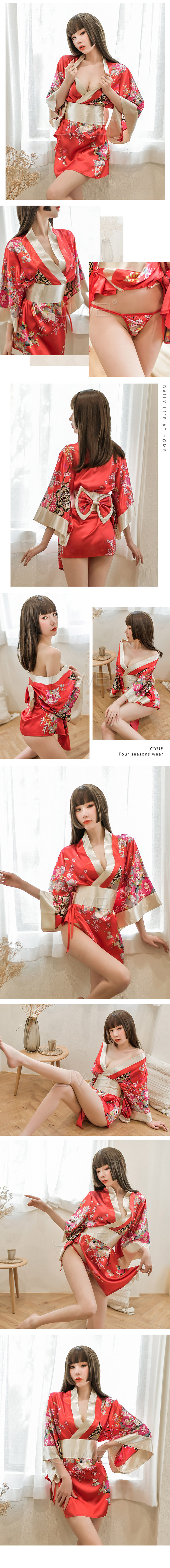 佳人如畫．低胸開襟日式和服套裝三件組(紅花)