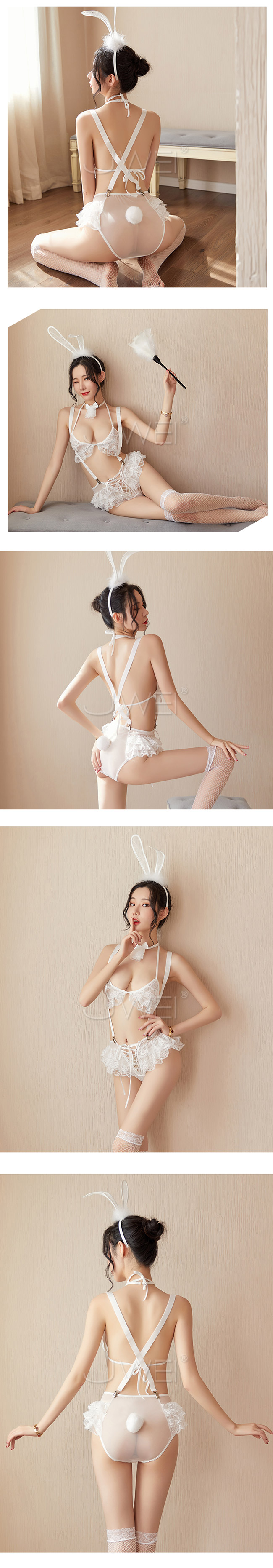 華麗焦點．激情蕾絲三點式兔女郎套裝五件組(白色)