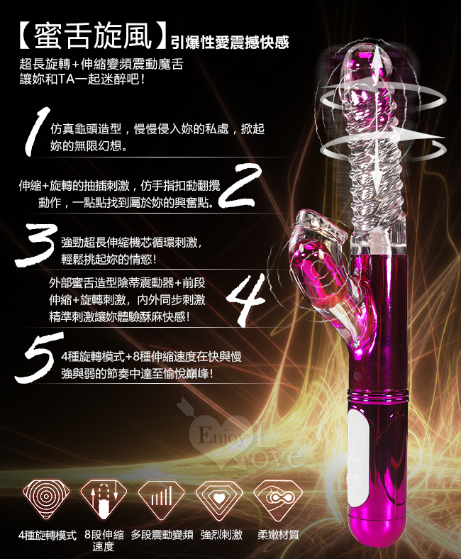 蜜舌旋風 ‧ 4X8X36多功能旋轉+伸縮+變頻震動魔舌USB充電按摩棒﹝鍍金紫紅﹞【特別提供保固6個月】