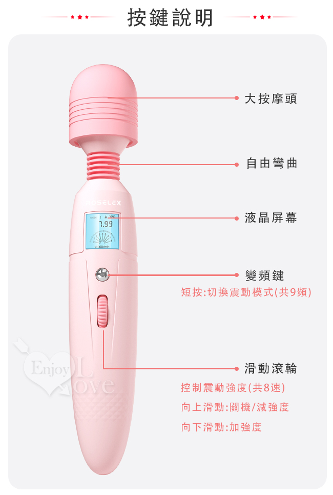 ROSELEX 巢吹王 ‧ 9頻8速滾輪設計爆震酥麻AV棒﹝液晶顯示+靈活彎曲+USB充電﹞【特別提供保固6個月】