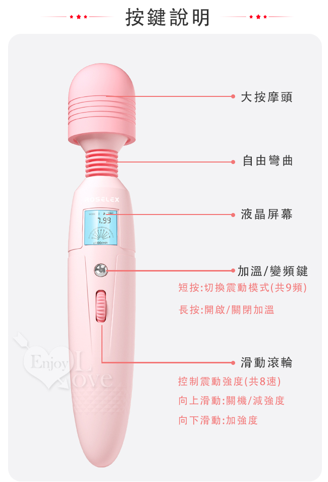 ROSELEX 巢吹王-加溫款 ‧ 9頻8速滾輪設計爆震酥麻AV棒﹝液晶顯示+靈活彎曲+USB充電﹞粉【特別提供保固6個月】