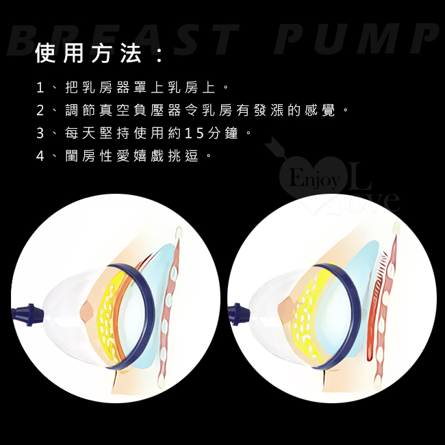 使用方法,把乳房器罩上乳房上,調節真空負壓器令乳房有發漲的感覺,3每天堅持使用約15分鐘,4閨房性愛嬉戲挑逗