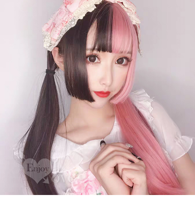 陰陽色假髮女粉黑雙拼色 姬髮式公主切 cosplay長直髮﹝陰陽雙色 黑色+淺粉﹞