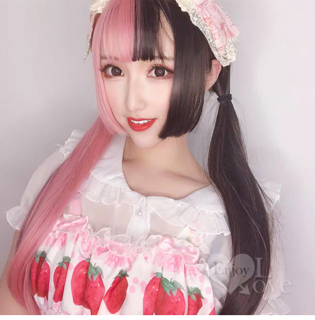 陰陽色假髮女粉黑雙拼色 姬髮式公主切 cosplay長直髮﹝陰陽雙色 黑色+淺粉﹞