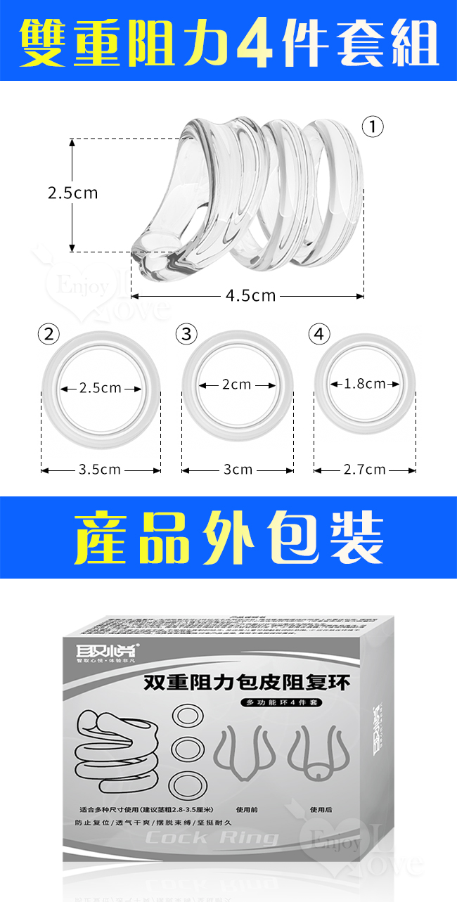 取悅 ‧ 双重阻力包皮阻復環4件套組﹝日/夜雙用型+螺紋狀阻隔﹞