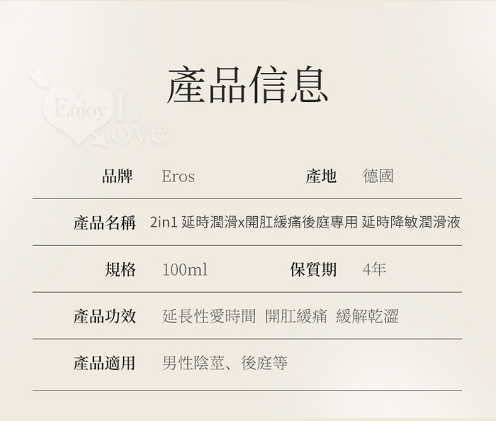 德國Eros ‧ 2in1 延時潤滑x開肛緩痛後庭專用 延時降敏潤滑液 100ml