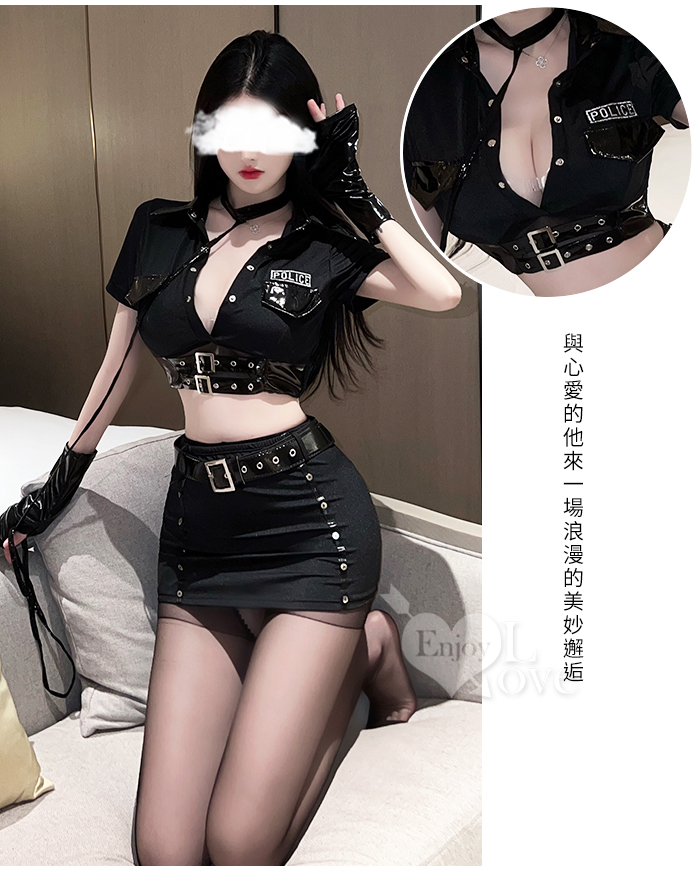 女警角色扮演服！帥氣翻領皮革點綴鉚釘釦開襠襪四件組