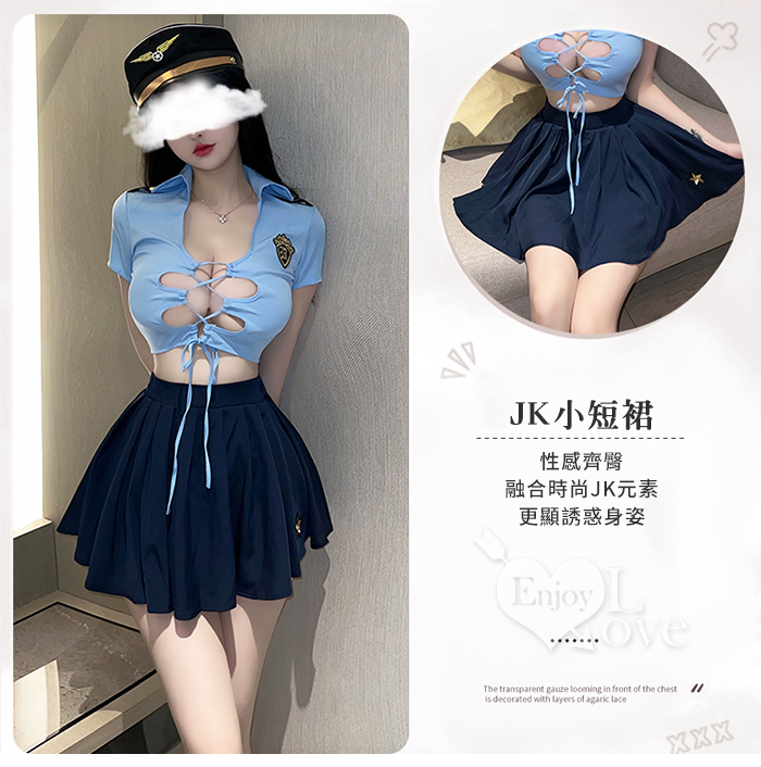 女警角色扮演服！立體翻領性感交叉露乳百褶裙三件組﹝藍﹞