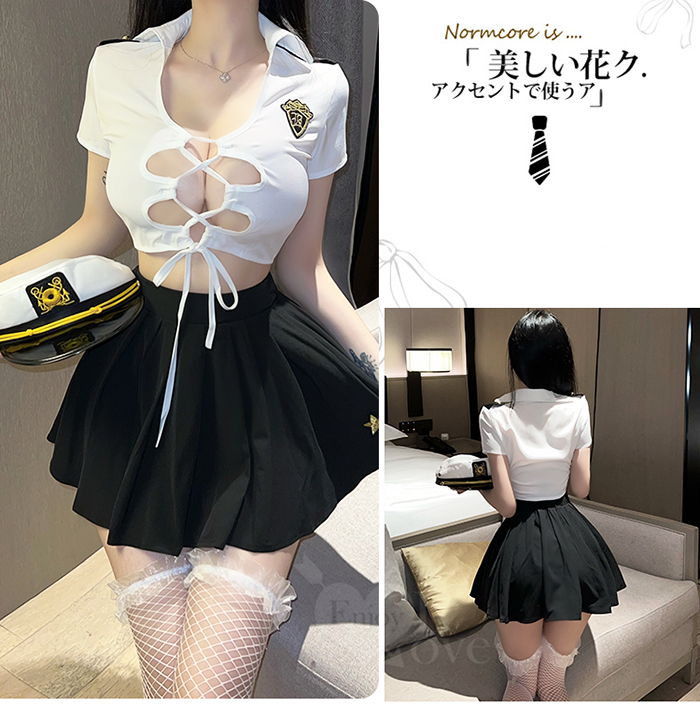 女警角色扮演服！立體翻領性感交叉露乳百褶裙三件組﹝藍﹞