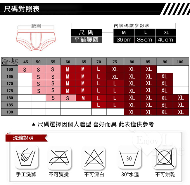 尺碼對照表,尺碼選擇因個人體型喜好而異此表僅供參考,洗滌說明