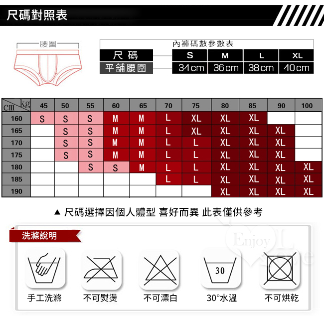 尺碼對照表,尺碼選擇因個人體型喜好而異此表僅供參考,洗滌說明