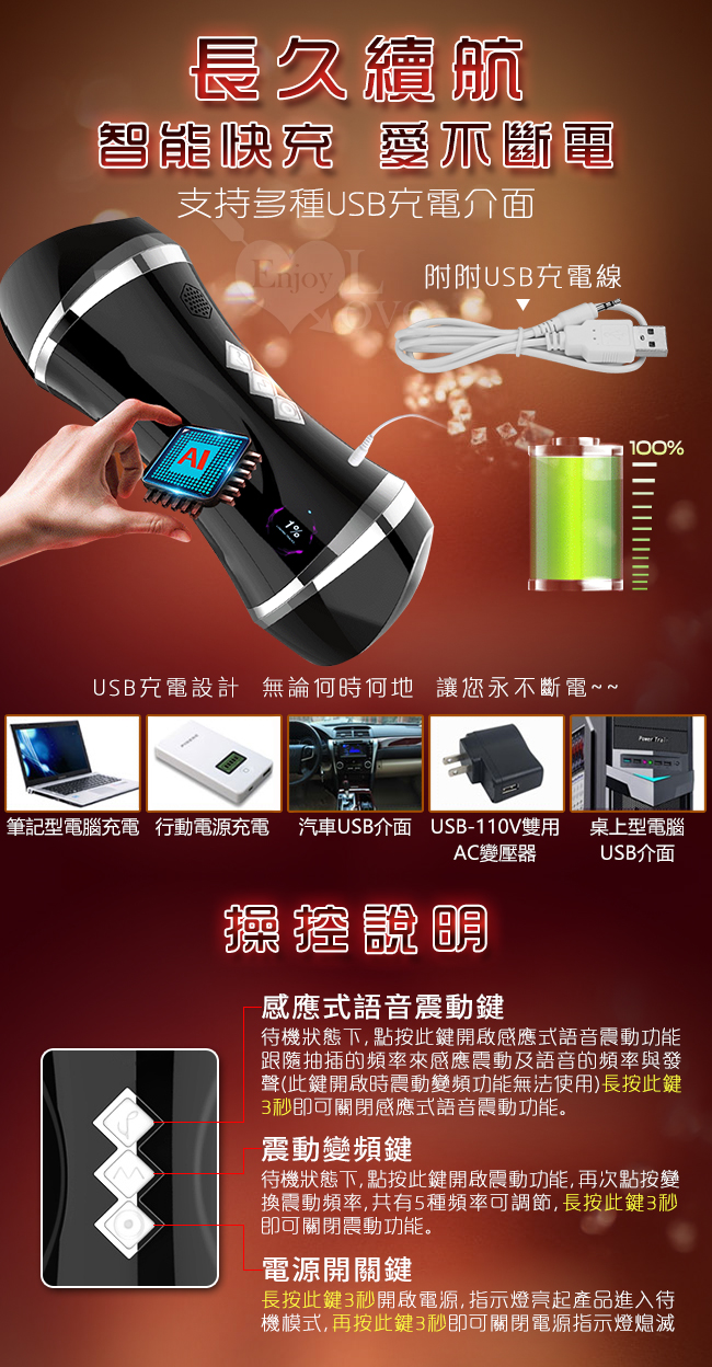 長久續行,智能充電,愛不斷電 - 支持多種USB充電介面:筆記型電腦充電/行動電源充電/汽車USB介面/USB-110V雙用AC變壓器/桌上型電腦USB介面。操控說明 - 感應式語音震動鍵:待機狀態下,點按此鍵開啟感應式語音震動功能,跟隨抽插的頻率來感應振動及語音的頻率與發聲(此鍵開啟時震動變頻功能無法使用),長按此鍵3秒即可關閉感應式語音震動功能。震動變頻鍵:待機狀態下,點按此鍵開啟震動功能,再次點按變換震動頻率,共有5種頻率可調節,長按此鍵3秒即可關閉震動功能。電源開關鍵:長按此鍵3秒開啟電源,指示燈